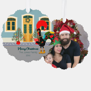 De Portugese Haan met een kerstcadeau Ornament Kaart