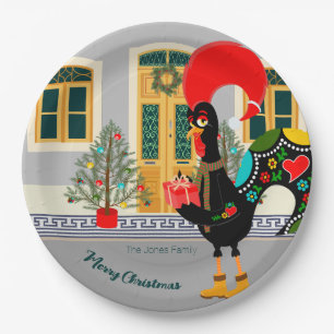 De Portugese Haan met een kerstcadeau Papieren Bordje