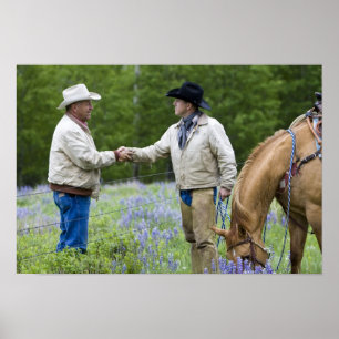 De ranchers schudden de handen over de omheining i poster