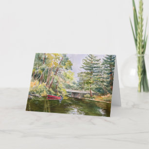 De Remerciements Bateau rouge dans Mountain Lake Watercolor Carte d