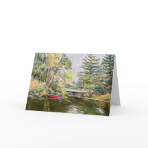 Bateau rouge dans Mountain Lake Watercolor Carte d