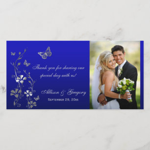 De Remerciements Bleu, Papillon argenté Mariage Carte photo