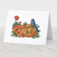 Bluebird in Poppy Flowers Watercolor Carte blanche