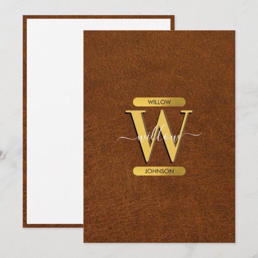 De Remerciements Carte Antique Faux Leather & Gold Monogram Note Ca (Devant / Derrière)