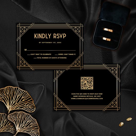 De Remerciements Carte RSVP Art Déco Mariage noir et or QR Code