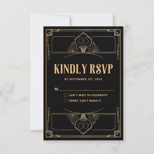 De Remerciements Carte RSVP Black Gold Art Déco 20s Mariage QR Code (Devant)