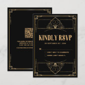 De Remerciements Carte RSVP Black Gold Art Déco 20s Mariage QR Code (Devant / Derrière)