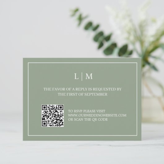 De Remerciements Carte RSVP simple Monogramme vert QR Code Mariage (Debout devant)