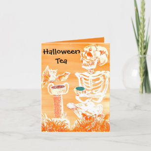 De Remerciements Drôle Halloween Skeleton-Bat Tea Time Plié Carte