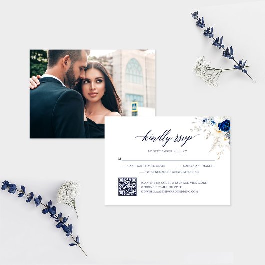 De Remerciements Elégante carte RSVP Mariage Floral bleu QR Code