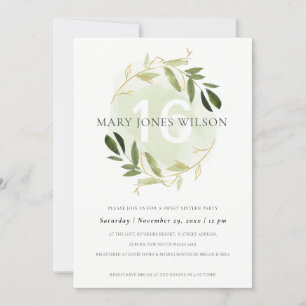 DE REMERCIEMENTS VERT GOLD FOLIAGE WREATH SWEET 16 CARTE D'ANNIVERS