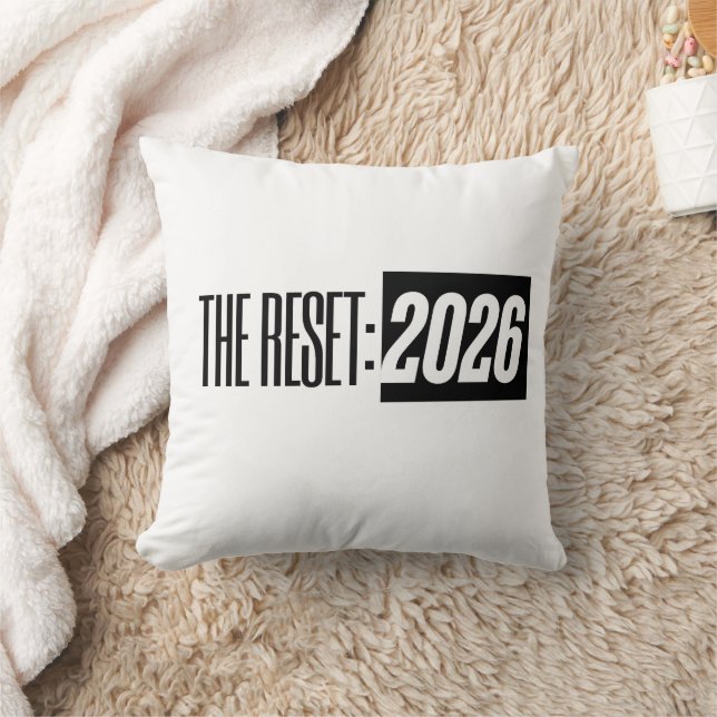 DE RESET: 2026 Zwart & Wit Typografie Kussen (Deken)