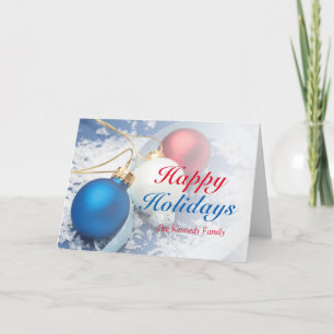 De rode, witte en blauwe ornamenten van Kerstmis Feestdagen Kaart