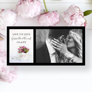 De roze bloemen in het Tapot huwelijk sparen de Da Save The Date