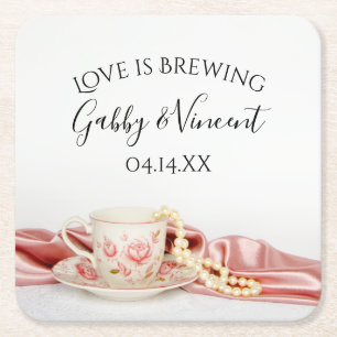 De roze Floral Tea Cup Pearls Wedding Love Breelt Vierkante Kartonnen Onderzetter
