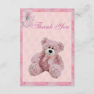 De roze Teddybeer & de Bloemen danken u Baby Bedankkaart