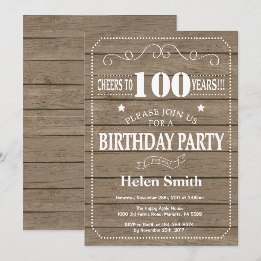 De rustieke 100ste Uitnodiging van de Verjaardag (Voorkant / Achterkant)