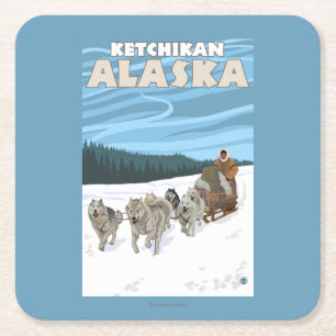 De Scène van Sledding van de hond - Ketchikan, Vierkante Kartonnen Onderzetter