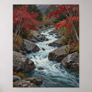 De scharlaken stroom: een waterval in een herfstst poster