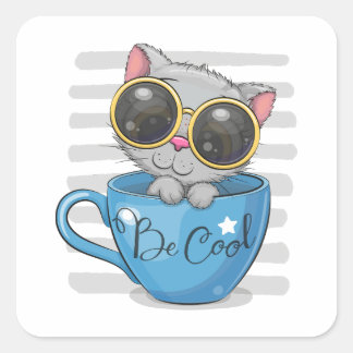 De schattige cartoon kitten met een bril vierkante sticker