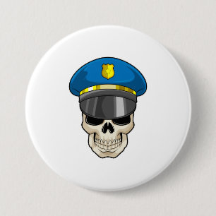 De schedel als politieagent met pet van politie ronde button 7,6 cm