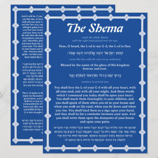 De Shema-bidkaart met blauwe rand in het Engels en