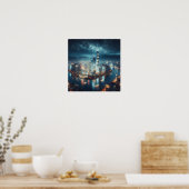 De skyline van de stad bij Night Wall poster (Keuken)