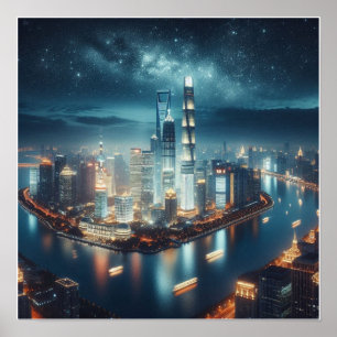 De skyline van de stad bij Night Wall poster