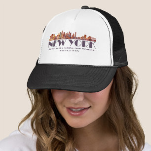 De skyline van New York. Boroughs en coördinaten Trucker Pet