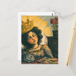 De Slaperige Koningin en haar Kat Briefkaart