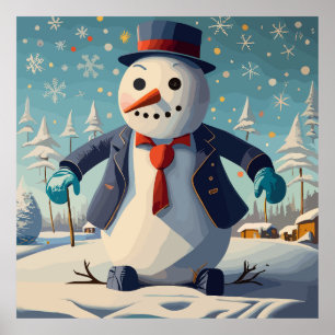 De sneeuwman in een pak en stropdas met kerst poster