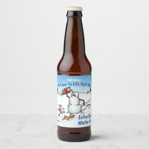 De sneeuwman valt Grappige Cartoon aan Bier Etiket