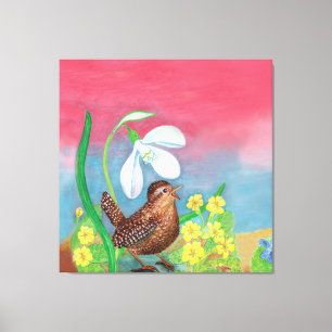 De sneeuwval en de kruivogel roepen de lente op canvas afdruk