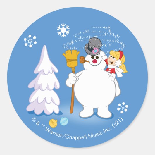De Snowman™ bevuilen | Frosty & Karen Winter Fun Ronde Sticker (Voorkant)