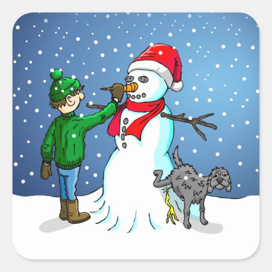 De Snowman, de jongen en de hond op een sticker (Voorkant)