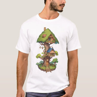 De speciale boomhut voor feeën en kabouters in t t-shirt
