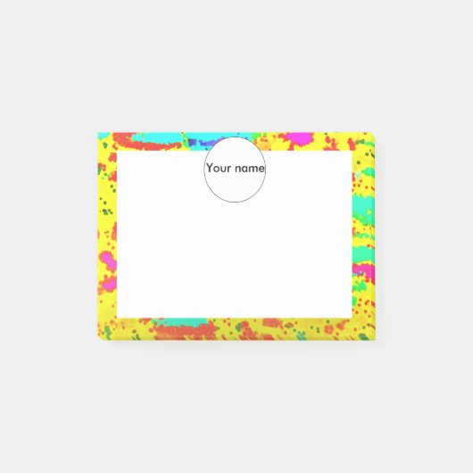 De spetsels van de verf op een gele achtergrond post-it® notes (Voorkant)