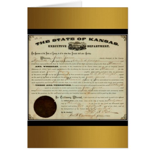 De staat Kansas 1875 Jesse James Extradition Order (Voorkant)