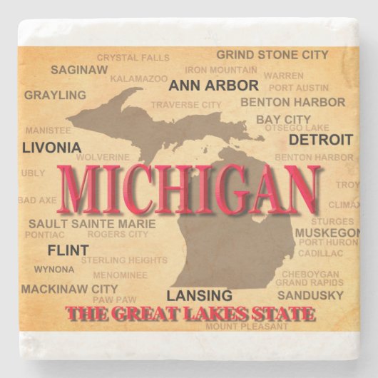 De staat Michigan Kaart, Detroit, Lansing Stenen Onderzetter (Voorkant)