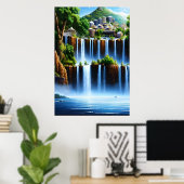 De stad bij de waterval | AI Art Poster (Thuiskantoor)