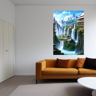 De stad en de grote waterval   AI Art Poster