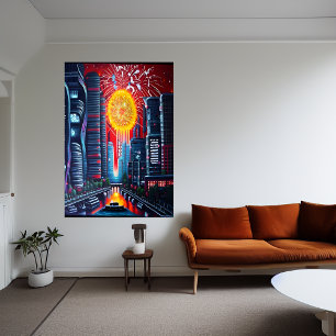 De stad en het grote vuurwerk   AI Art Poster