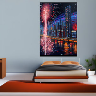 De stad en het vuurwerk   AI Art Poster