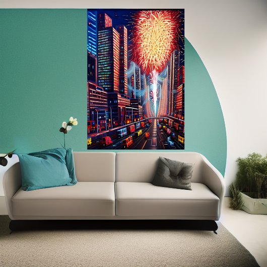De stad en het vuurwerk | AI Art Poster