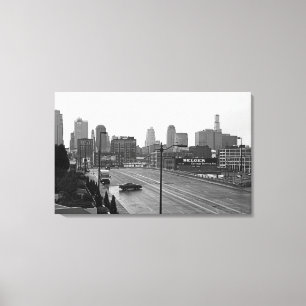 De stad Kansas City Skyline-Black en White Photo Canvas Afdruk