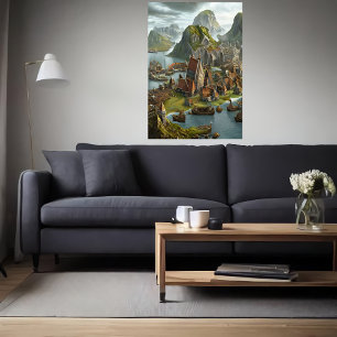De stad Viking door het zee   AI Art Poster