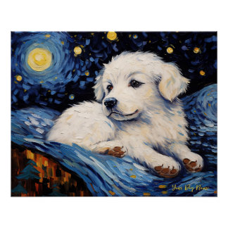 De sterrennacht - Grote Pyreneeën Puppy Dog 001 - Perfect Poster