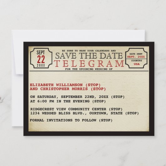De  stijl van het Telegram sparen de Datum Save The Date (Voorkant)