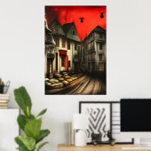 De straat in de stad en de rode hemel | AI Art. Poster (Thuiskantoor)