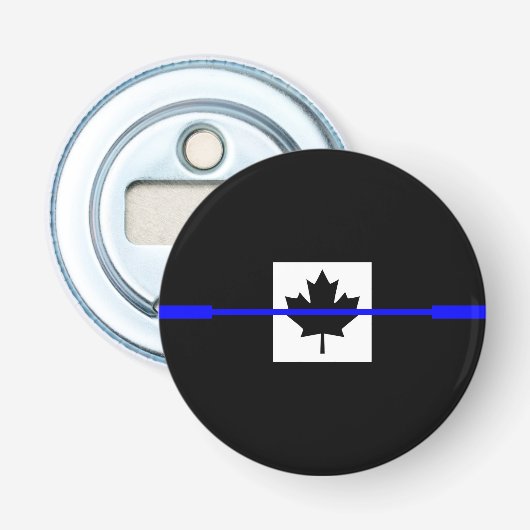 De symbolische dun blauwe lijn op de Canadese vlag Button Flesopener (Voorkant)